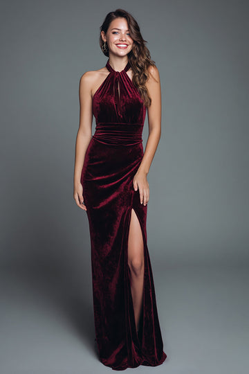 Robe longue formelle en velours dos nu bordeaux avec fente